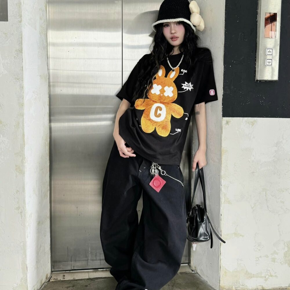 Black Graphic T-Shirt "Orange Anatomy Bunny" TW323